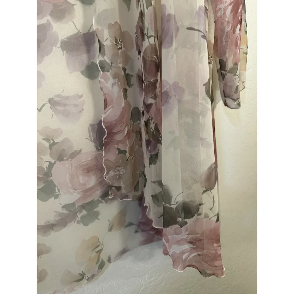 VTG Womans Floral Duster Cardigan‎ Size 18 Cottage Rosette Garden Scalloped Trim